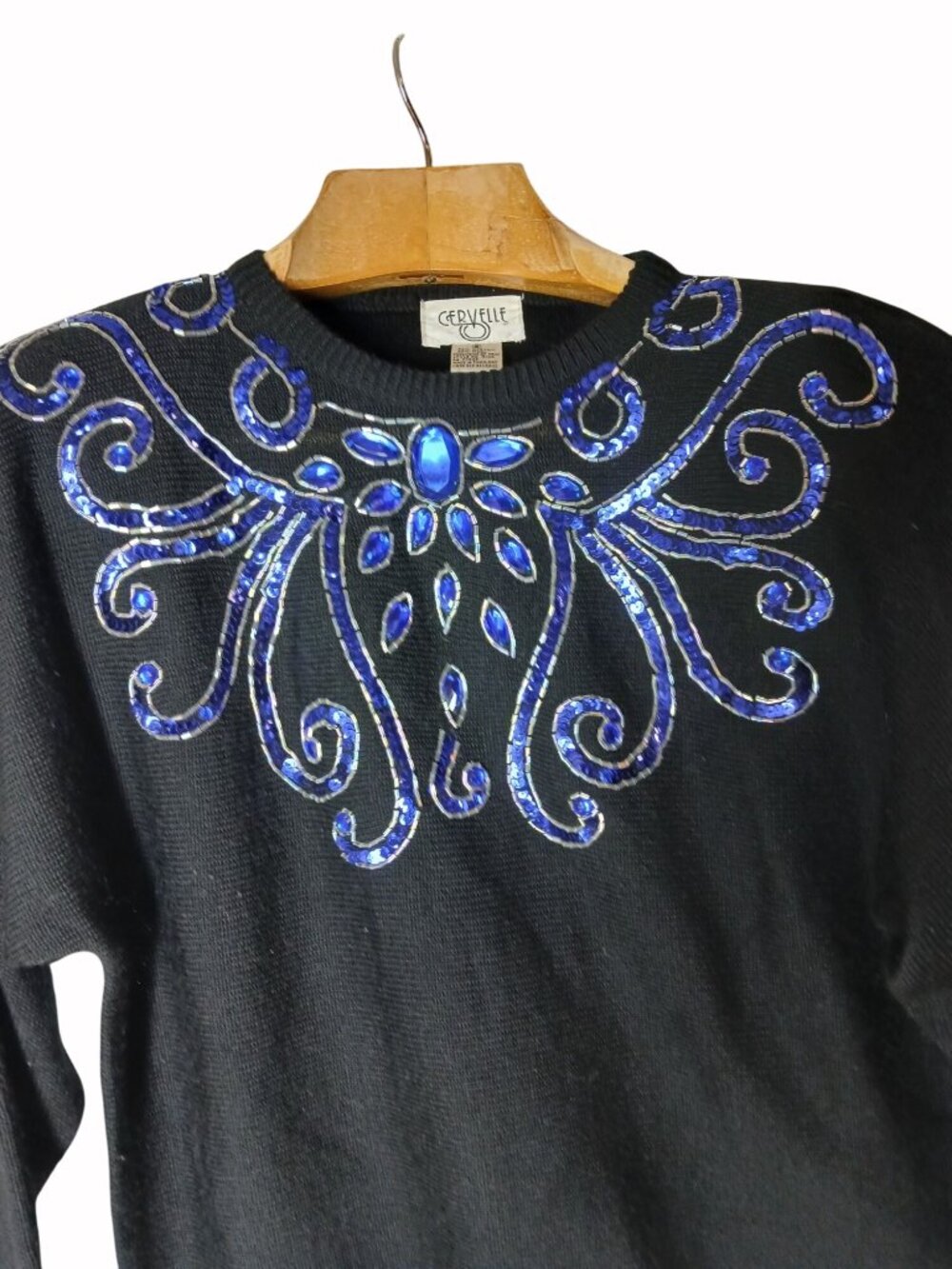 Vintage Cervelle Black Sweater Blue Sequins Beaded Size S Oversized Bedazzled - Picture 2 of 10